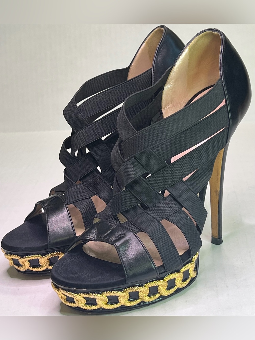 Casadei Black Strappy Platform Sandals with Gold Chain Trim